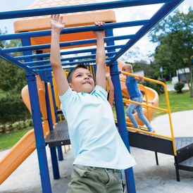 Boy playing on monkey bars.